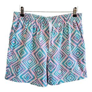 Chubbies Geometric Diamond Palm Tree Retro Turquoise/Pink Trunks w/Pockets XL